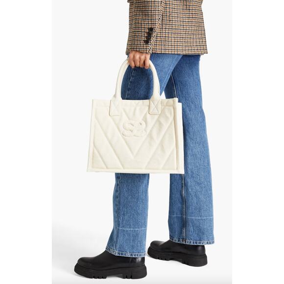 Sandro Kasbah Quilted Canvas Tote Bag Beige Cream Ecru Logo Minimalist $320 NWT - Picture 2 of 13